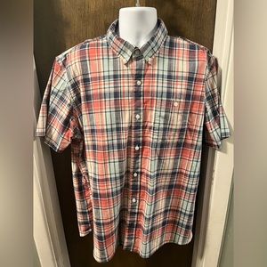LL Bean Mens Short Sleeve Shirt 98% Cotton XL Pink Blue Plaid
